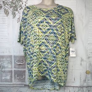 LuLaRoe Irma Womens White Blue Yellow Abstract Hi Lo Casual Shirt Top Large L